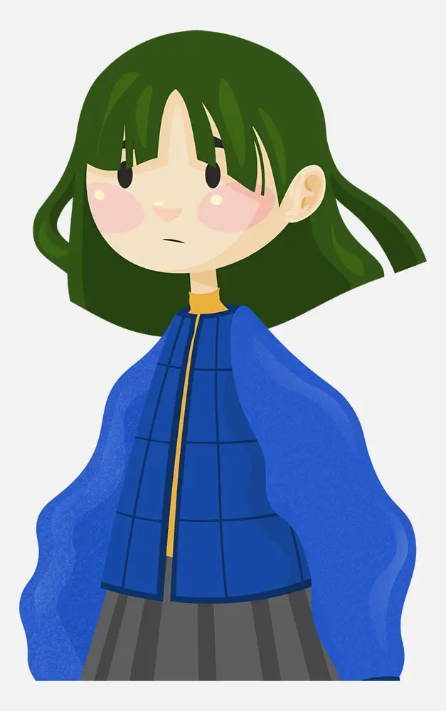 Illustration chibi d'une fille aux cheveux verts avec un gilet bleu