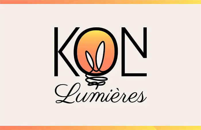 visuel pour une marque fictive 'koln lumieres' avec un logo incluant un dessin d'ampoule stylisée