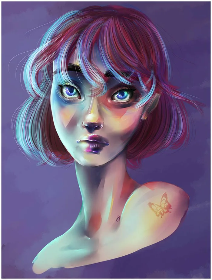 dessin digital d'une fille sur tons bleus/violets