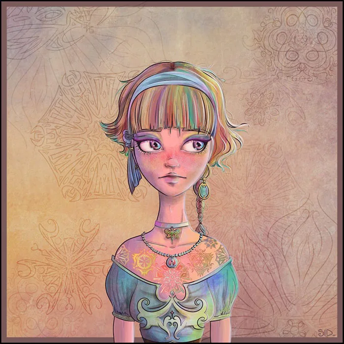 dessin digital d'une fille avec motifs symétriques