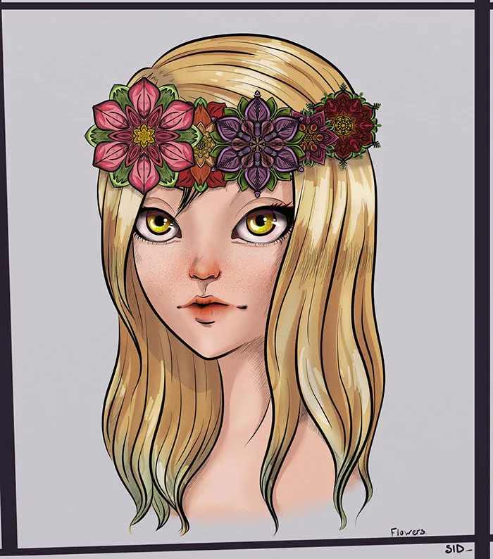 dessin digital d'une fille blonde avec une couronne de fleurs