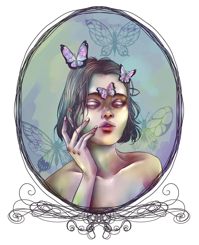 dessin digital d'une dame sans yeux avec des papillons sur elle