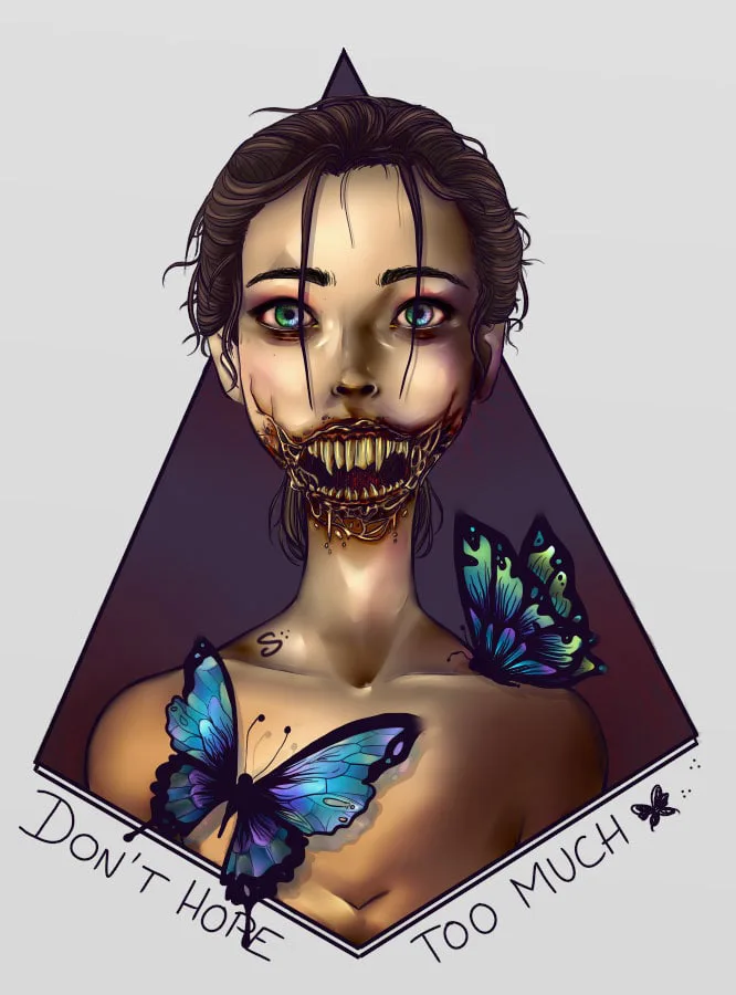 dessin digital d'une femme avec deux papillons sur le corps et une bouche détruite/dents de monstre
