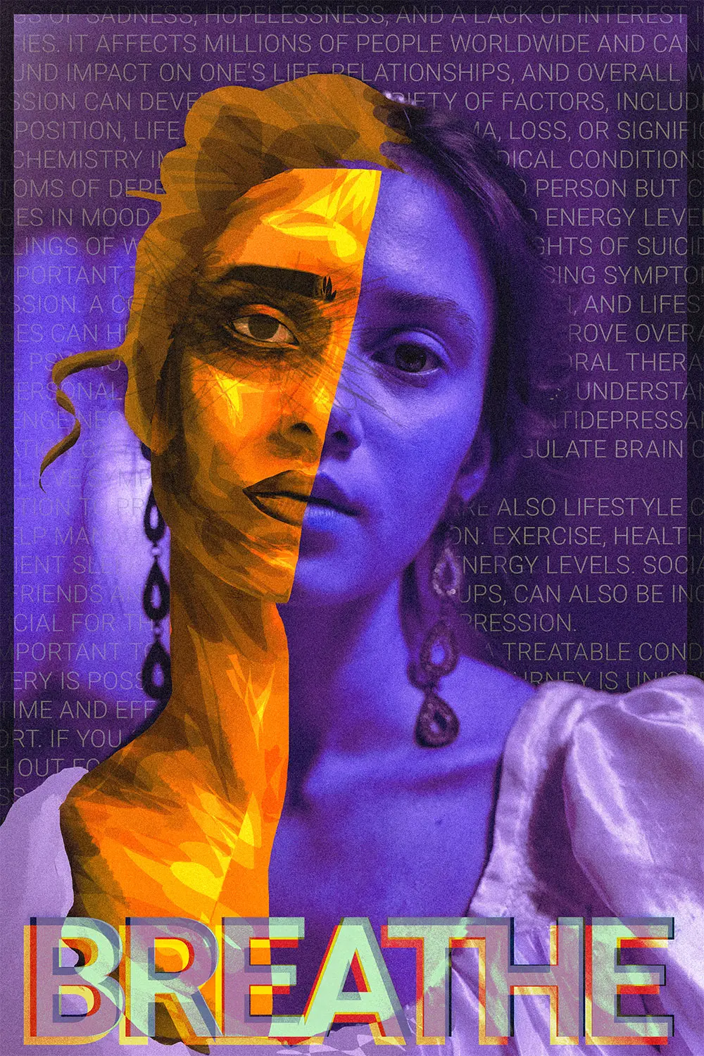 photomontage d'une femme semi-photo / semi-illustration sur le thème de la dépression, on peut lire 'breathe'