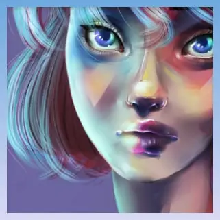 Illustration digitale d'une femme, tons violets/bleus