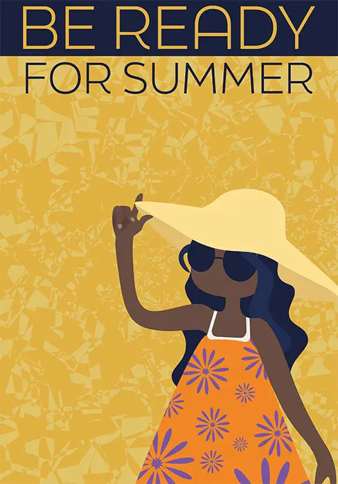 Illustration chibi d'une fille avec un chapeau de paille, une robe de plage, on peut lire : 'be ready for summer'