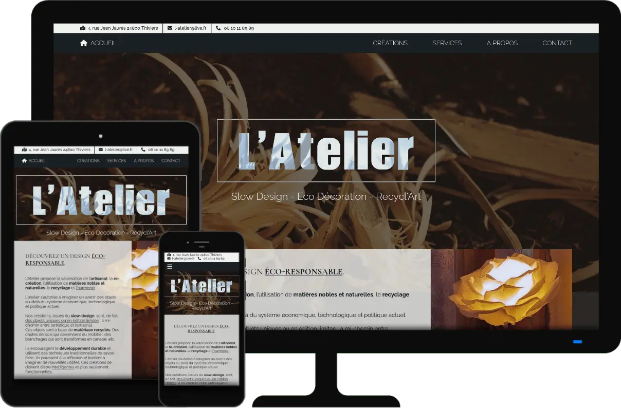 présentation du site internet de l'atelier : vue d'un écran d'ordinateur, d'un écran de tablette et d'un écran de téléphone