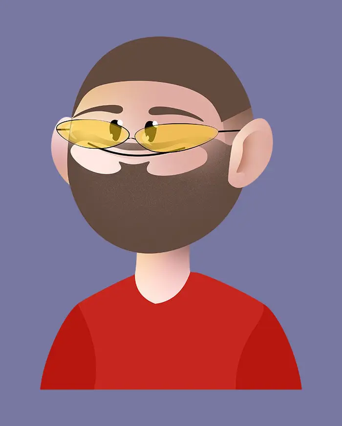 Illustration chibi d'un bonhomme à barbe et à lunettes avec un t-shirt rouge