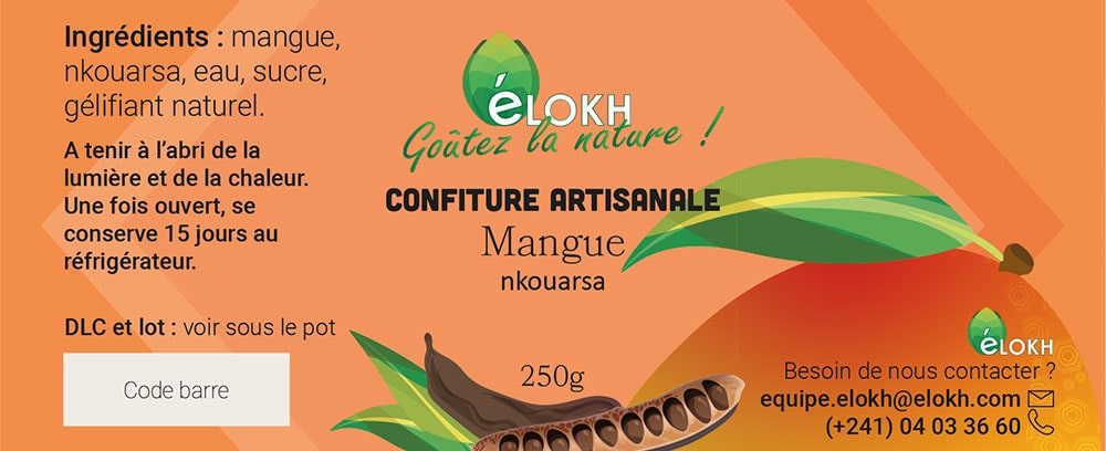 etiquette pour de la confiture de mangue nkouarsa - illustration d'une mangue et de nkouarsa sur fond orangé