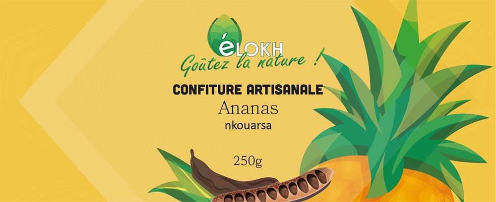 etiquette pour de la confiture d'ananas nkouarsa - illustration d'un ananas et de nkouarsa sur fond jaune