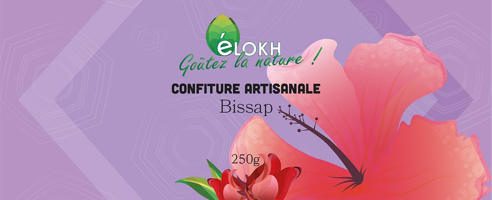 etiquette pour de la confiture de bissap - illustration de bissap et de sa fleur sur fond rosé