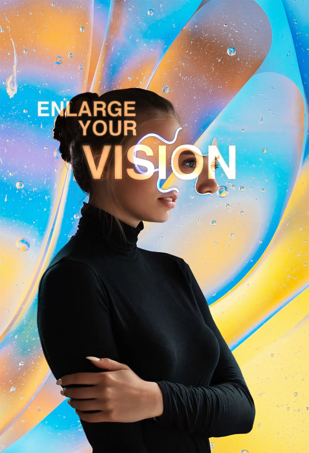 photomontage d'une femme sur un fond coloré, on peut lire 'enlarge your vision'
