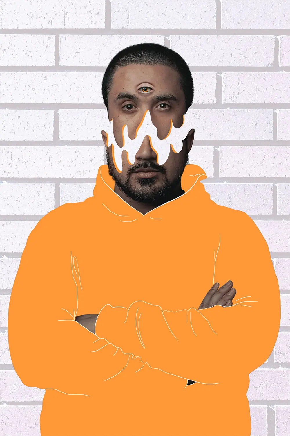 photomontage d'un homme avec un sweat orange, sa tête est divisée et il a un oeil en plus au milieu du front