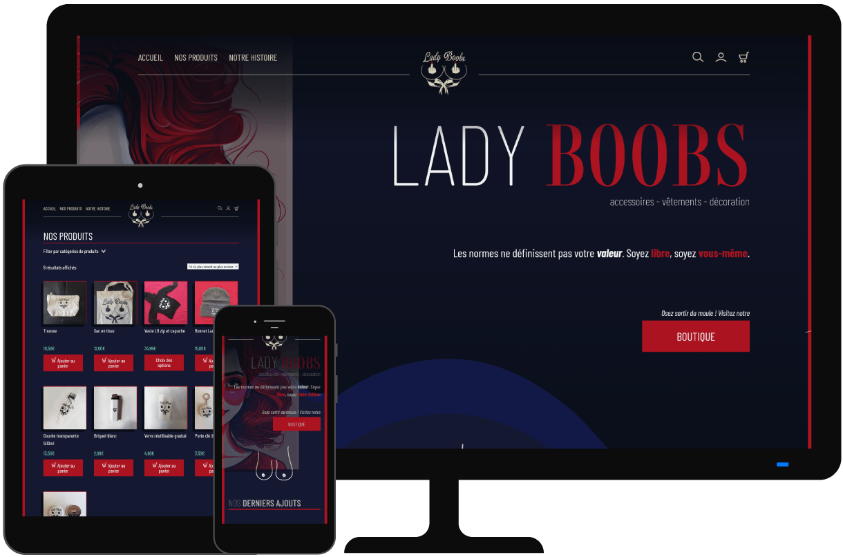 présentation du site internet e-commerce Lady Boobs : vue d'un écran d'ordinateur, d'un écran de tablette et d'un écran de téléphone