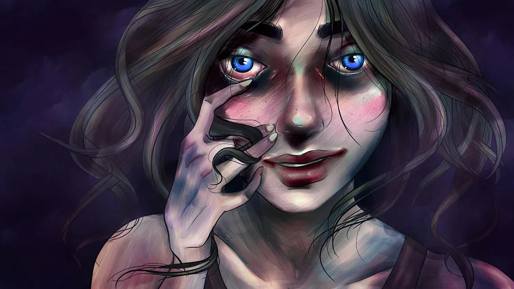 dessin digital d'une femme qui écarquille son oeil avec son doigt