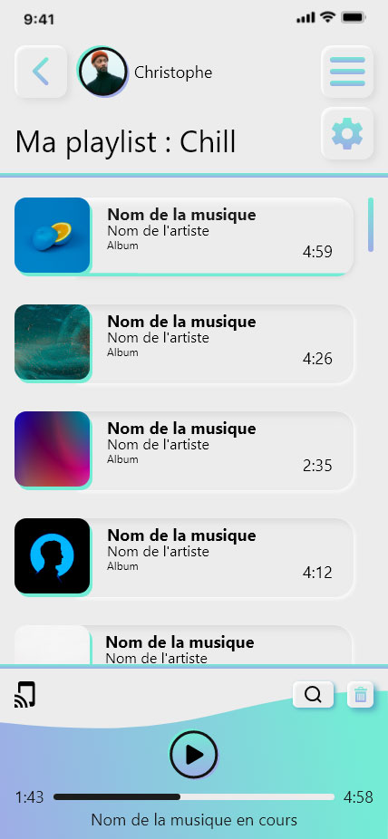 page d'une playlist du design concept d'une application de musique : tons bleus