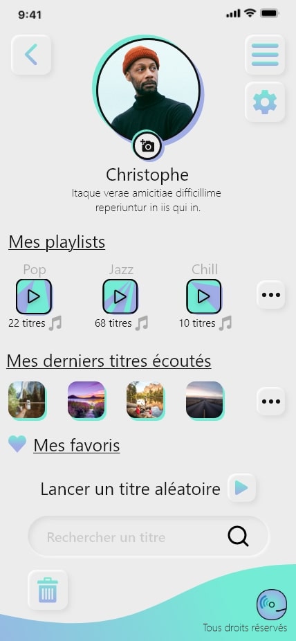 page d'un profil du design concept d'une application de musique : tons bleus