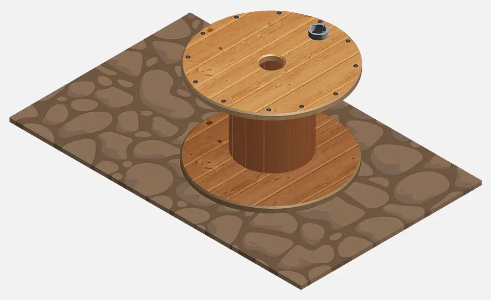 Illustration isométrique d'une table en bois avec un cendrier et un sol en pierre